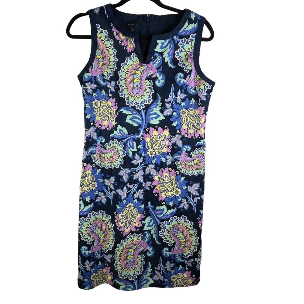Talbots Paisley Floral Sheath Dress Women's Size 6 Sleeveless Navy Cotton